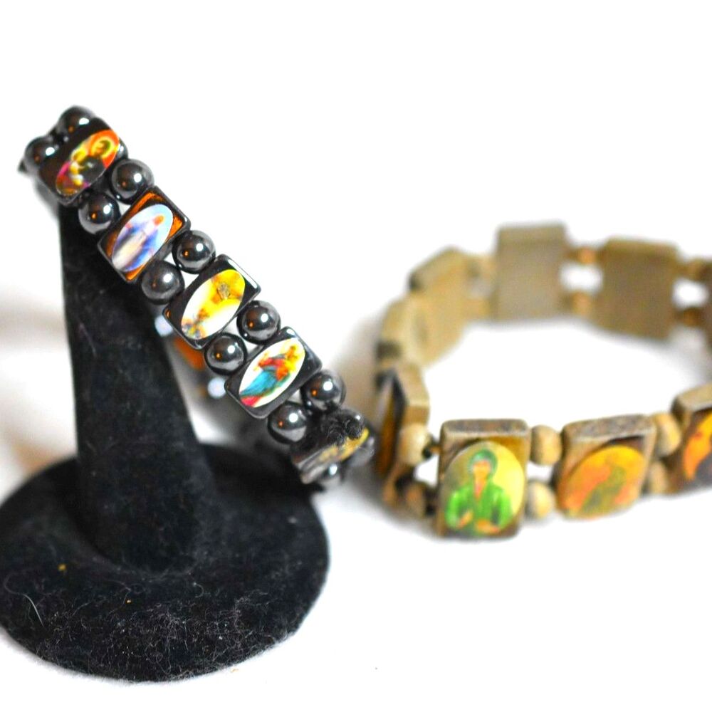 Religious Hematite & Wood Saints Stretch (sold as set) 6" Bracelets